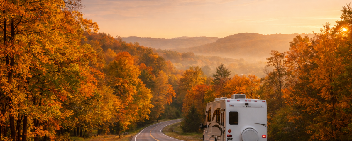 RV traveling along a scenic Ohio road surrounded by early fall foliage