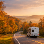RV traveling along a scenic Ohio road surrounded by early fall foliage