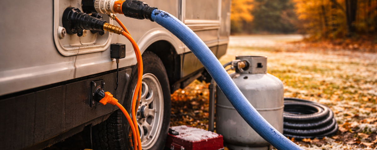 Close-up of an RV water connection and propane tank prepared for cooler fall temperatures