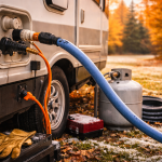 Close-up of an RV water connection and propane tank prepared for cooler fall temperatures